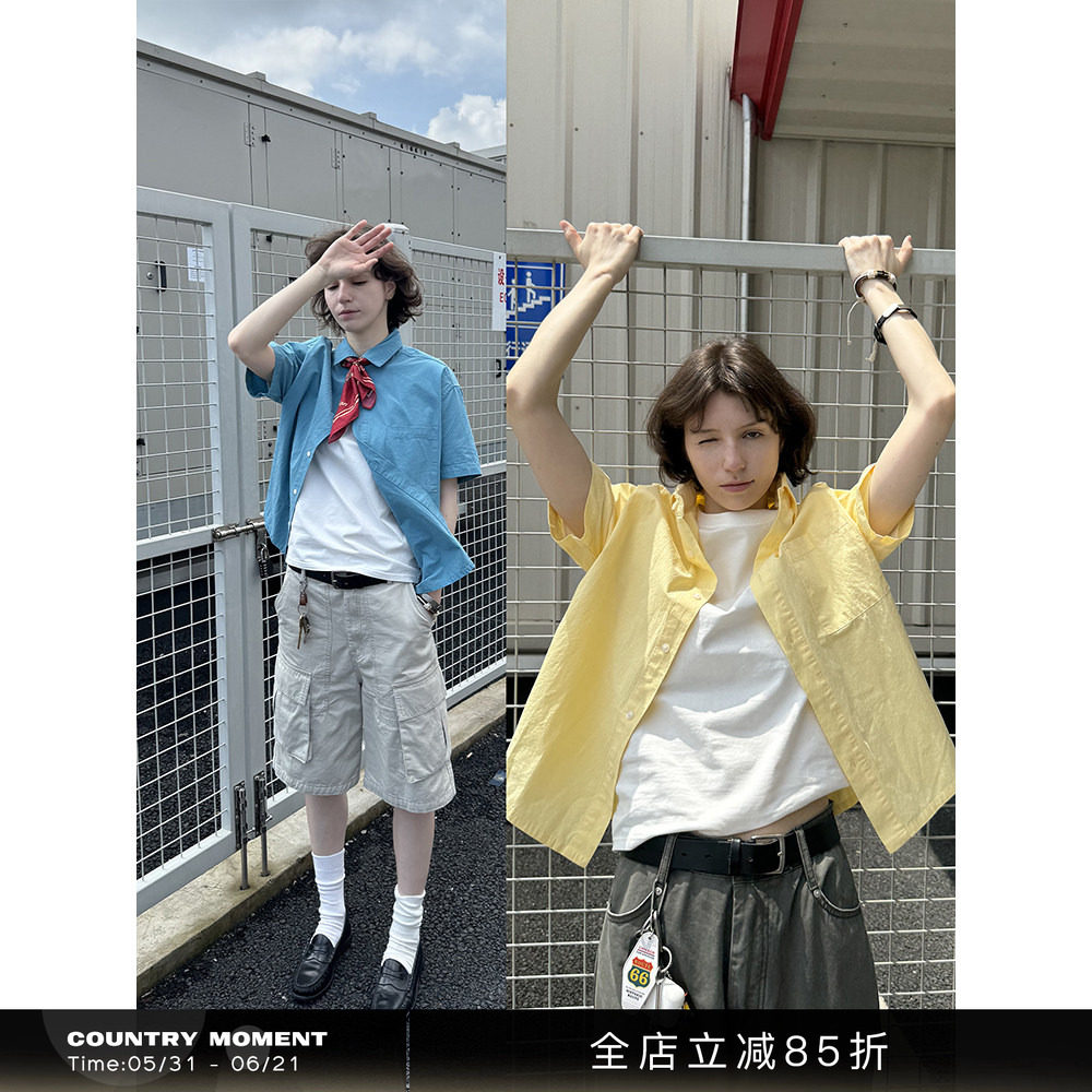 CountryMoment 成衣酵素洗美式纯色短袖衬衫男女Cleanfit短款衬衣