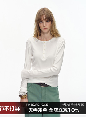 CountryMoment美式复古基础修身亨利领长袖T恤女纯色内搭打底衫春