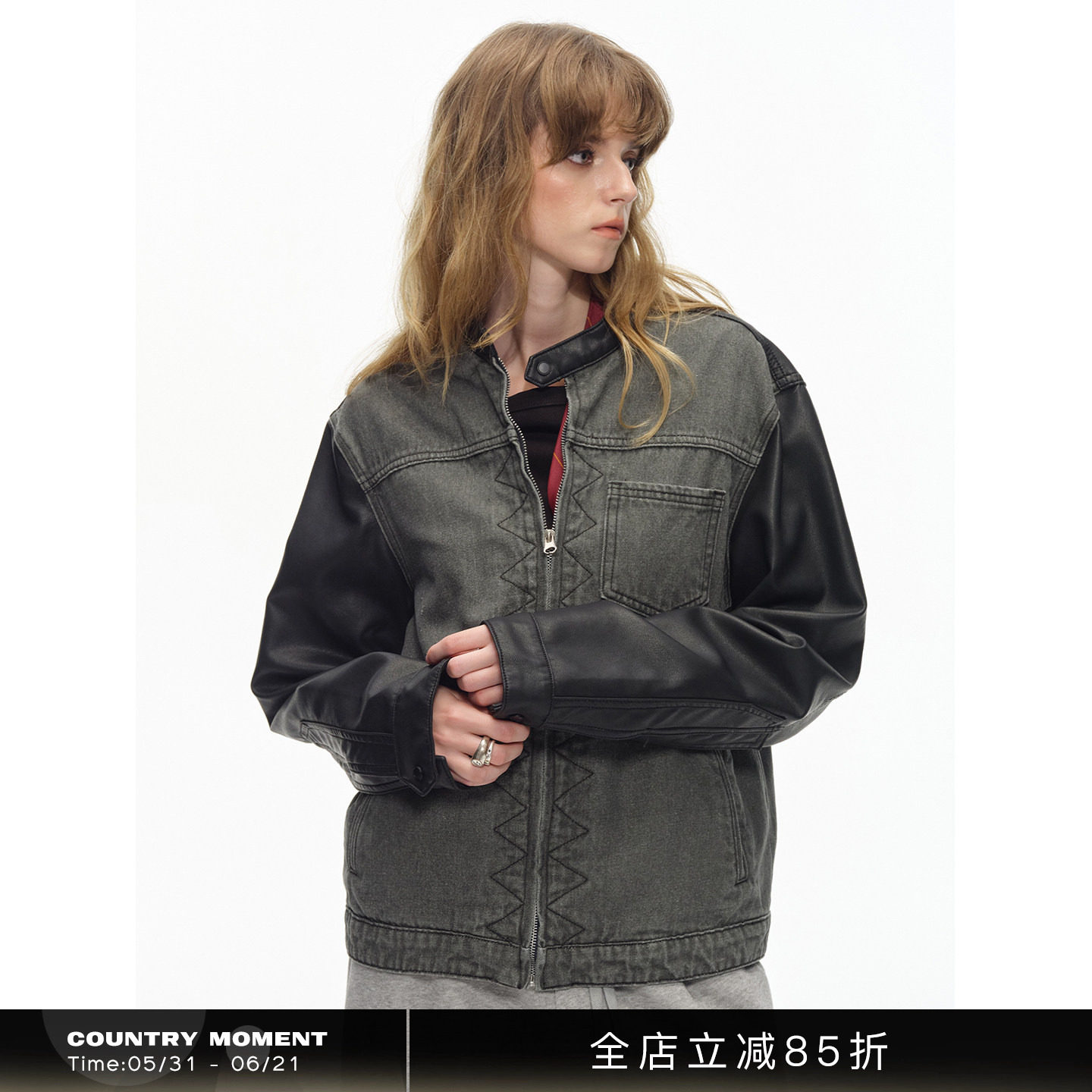 CountryMoment【男女同款】牛仔拼接皮衣外套设计感美式复古上衣