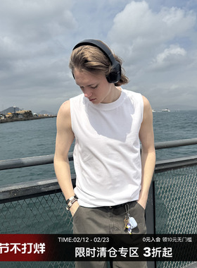 CountryMoment  美式白色简约无袖坎肩背心男夏季打底修身纯棉T恤