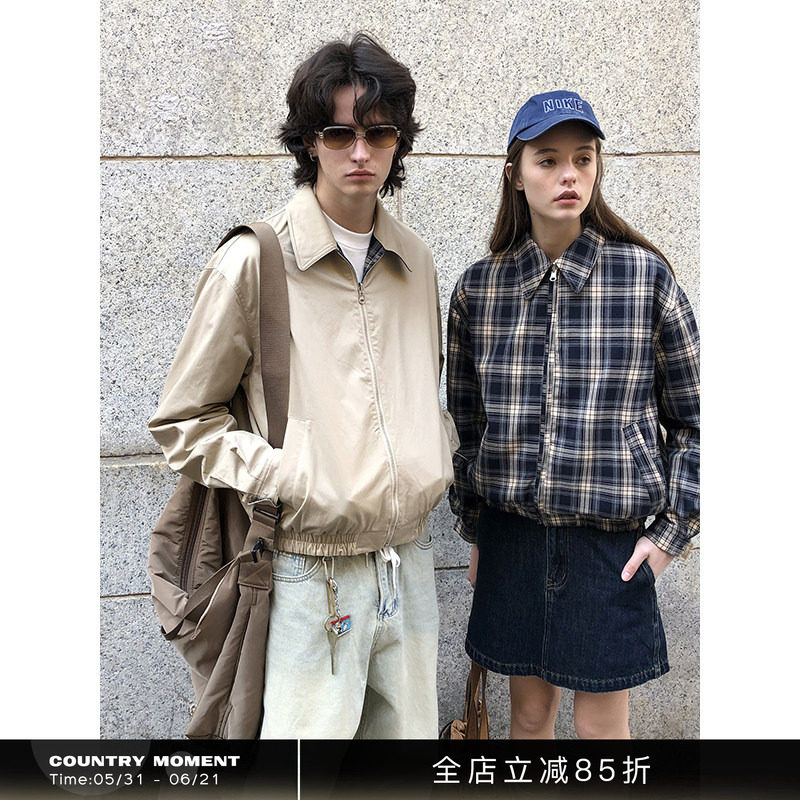 CountryMoment 【双面穿】32支精梳棉复古格纹外套男女哈灵顿夹克