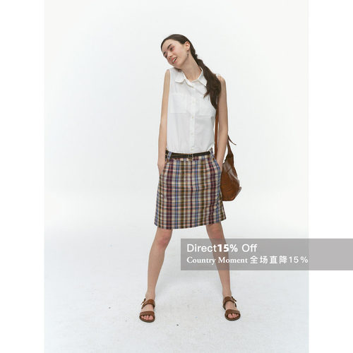 纯棉色织贴袋格子半身裙女夏短裙