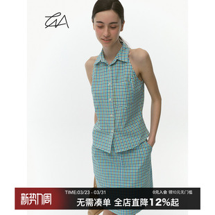 纯棉衬衣小众背心 女夏polo领无袖 CountryMoment 露背挖肩格子衬衫