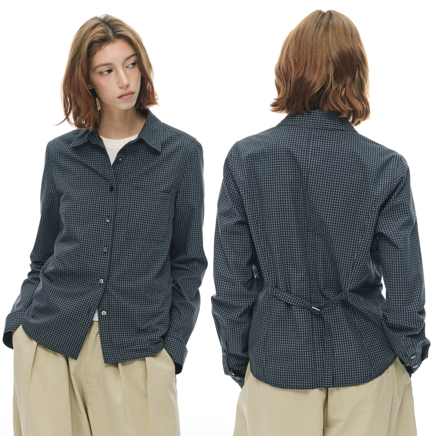 CountryMoment【后腰可调节腰围】修身短款格子衬衫女春修身上衣