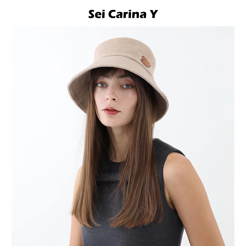 皮质标装饰毛呢渔夫帽