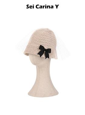 Sei CarinaY网纱蝴蝶结渔夫帽女秋冬新款显脸小盆帽高级感帽子