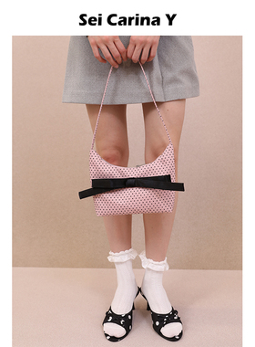 Sei Carina Y波点丝绒蝴蝶结腋下包女手拎包甜美百搭时尚新款包包