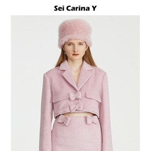 CarinaY蝴蝶结羊毛呢短西装 Sei 可爱外套女粉色上衣短裙套装 6折
