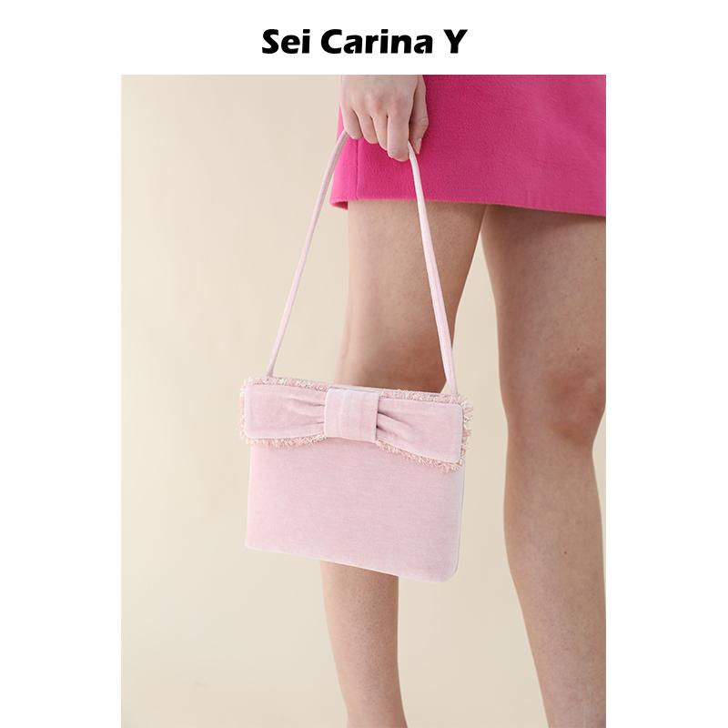 Sei Carina Y方形绒面花边蝴蝶结公主包女大号腋下单肩包高级感