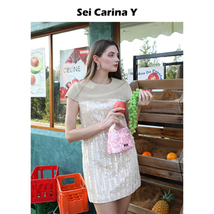 Carina 修身 Sei Y亮片短袖 小香风女甜美气质 连衣裙2025年春季 新款
