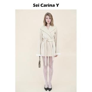 收腰高级感长款 Sei 韩版 Carina 上衣 Y大翻领绑带毛呢大衣外套女装