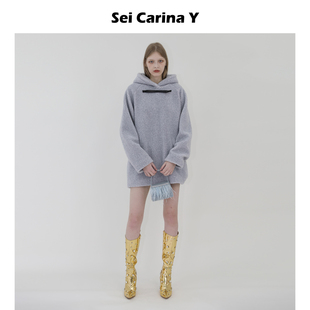 灰色复古上衣时尚 Y蝴蝶结毛绒宽松连帽卫衣女秋冬新款 Carina Sei
