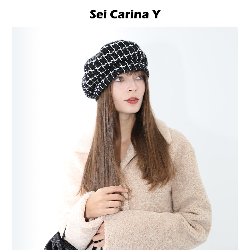 SeiCarinaY黑白格纹贝雷帽