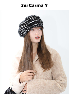 Sei Carina Y黑白格纹贝雷帽女秋冬新款小众复古画家帽子时尚