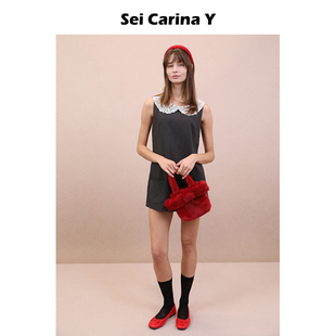 背心裙女甜美百搭宽松秋冬新款 Y蕾丝娃娃领毛呢无袖 Carina Sei