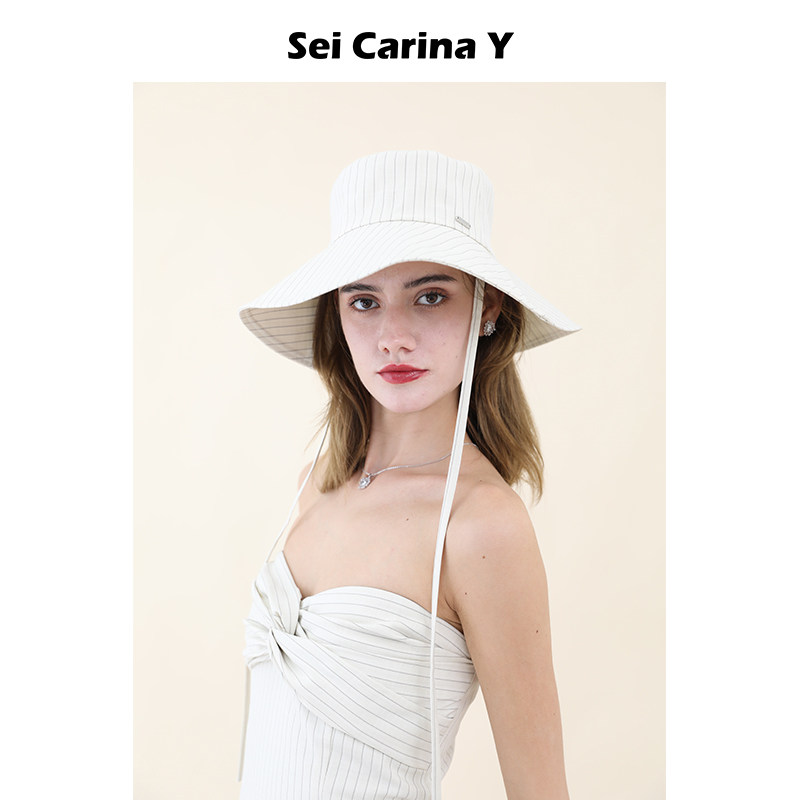 Sei Carina Y条纹大帽檐绑带渔夫帽遮阳百搭时尚女帽子春夏设计感