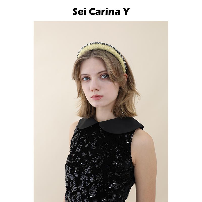 Sei Carina Y粗花呢链条装饰发箍宽边高颅顶女新款小众设计高级感