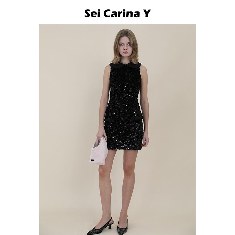 娃娃领修身珠片无袖连衣裙