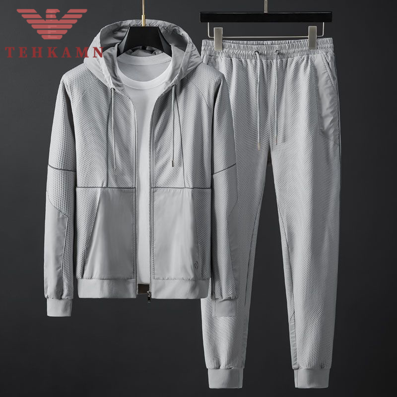 香港AMN男士套装2025春秋薄款休闲跑步运动服蜂窝肌理针织两件套