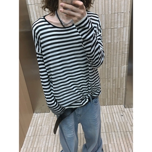 Ahyala 美式复古轻薄透气防晒条纹长袖T恤男女宽松休闲慵懒风上衣