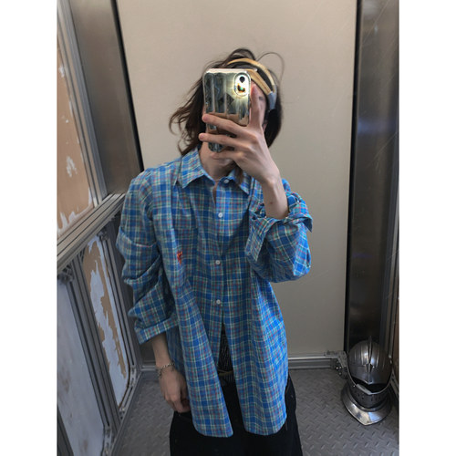 阿荒与阿卤美式复古格纹休闲长袖衬衫秋季刺绣星星标情侣简约上衣