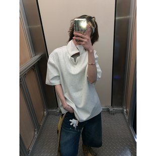 阿荒与阿卤美式 复古V领假两件短袖 翻领POLO衫 痞帅cleanfit搭半袖