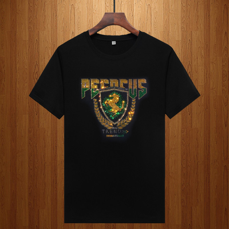 奢华大牌2024夏季纯棉时尚烫钻短袖t恤男青年弹力半袖上衣体恤潮