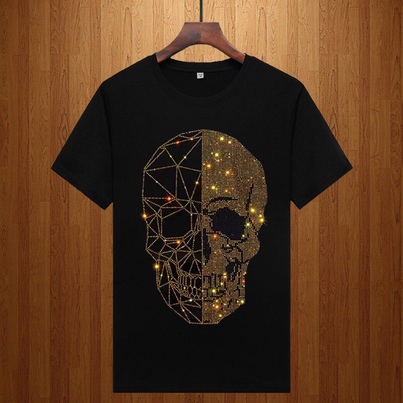 欧货高端短袖t恤男士烫钻骷髅头潮牌时尚个性透气弹力薄款半袖衫