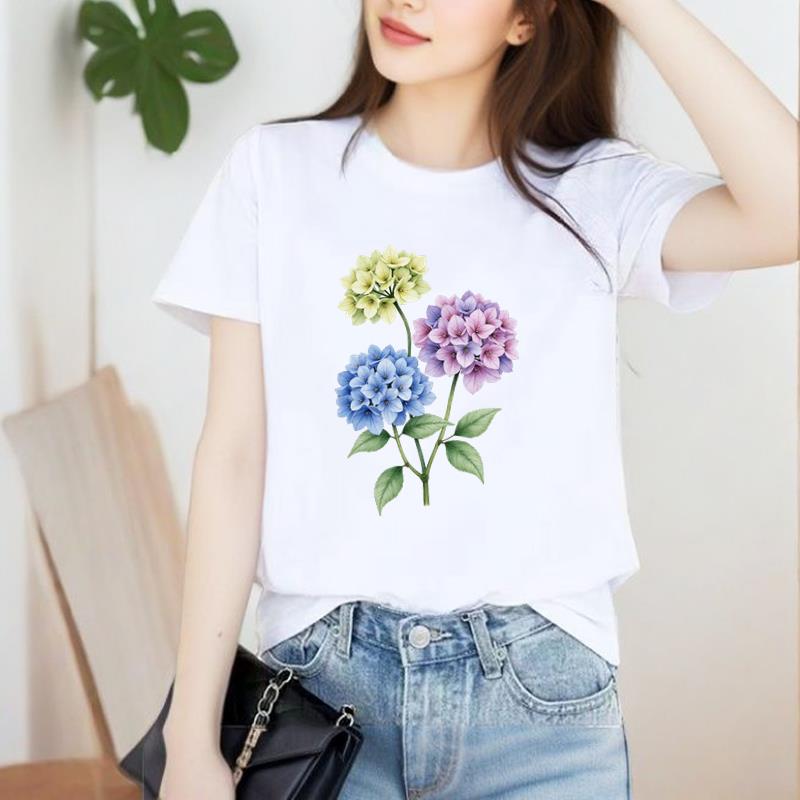 花朵可爱洋气韩版女INS印花上衣爆款休闲圆领通勤打底衫短袖T恤