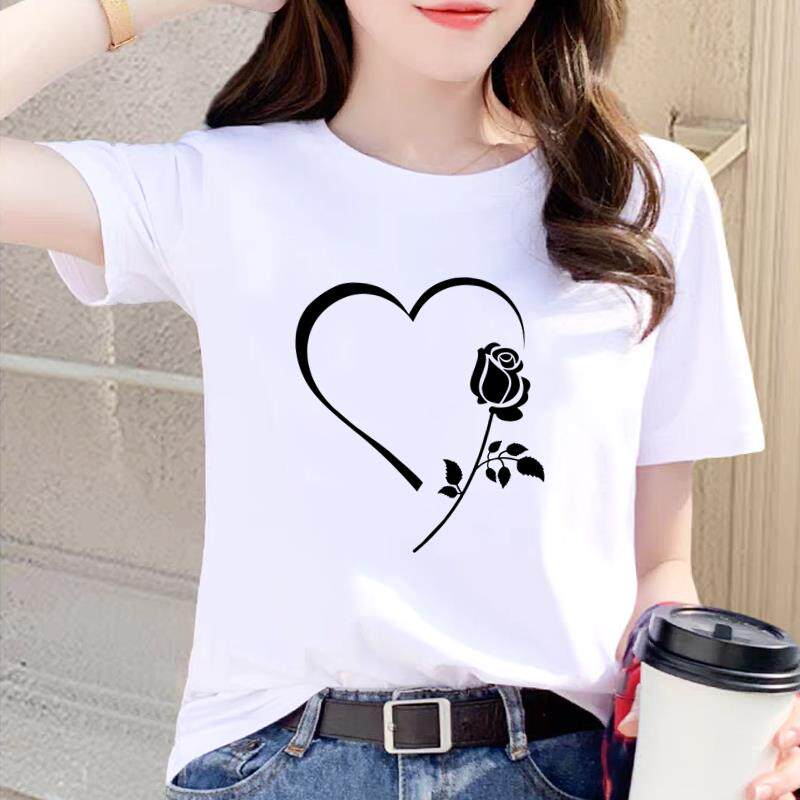 INS印花韩版网红女T恤休闲圆领爆款几何花卉打底衫短袖通勤上衣