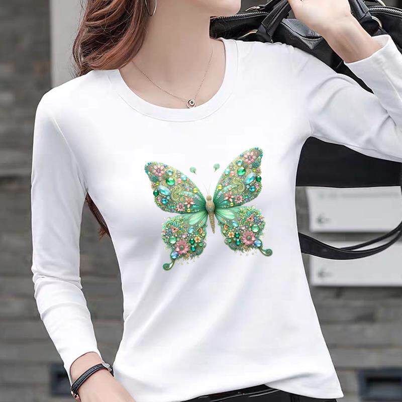 印花外穿通勤流行网红女休闲时尚蝴蝶法式新款爆款圆领长袖T恤
