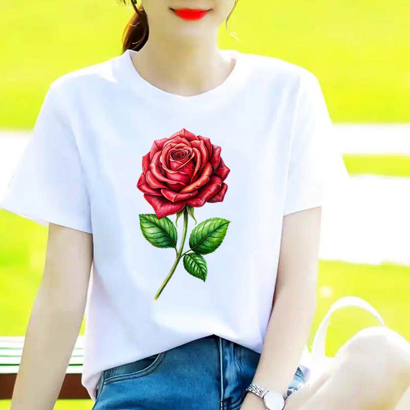 花朵花卉T恤休闲圆领爆款韩版网红女INS印花打底衫短袖通勤上衣