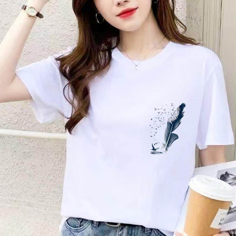 羽毛可爱爆款通勤休闲时尚夏季印花上衣通勤洋气INS女圆领短袖T恤