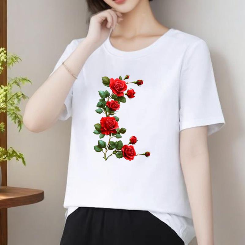 花朵印花上衣夏季洋气女可爱圆领通勤洋气INS爆款休闲通勤短袖T恤