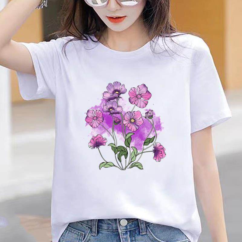 爆款休闲印花通勤收腰花朵洋气上衣洋气可爱INS通勤女圆领短袖T恤