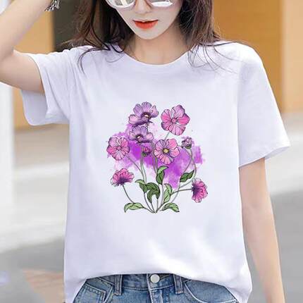 爆款休闲印花通勤收腰花朵洋气上衣洋气可爱INS通勤女圆领短袖T恤
