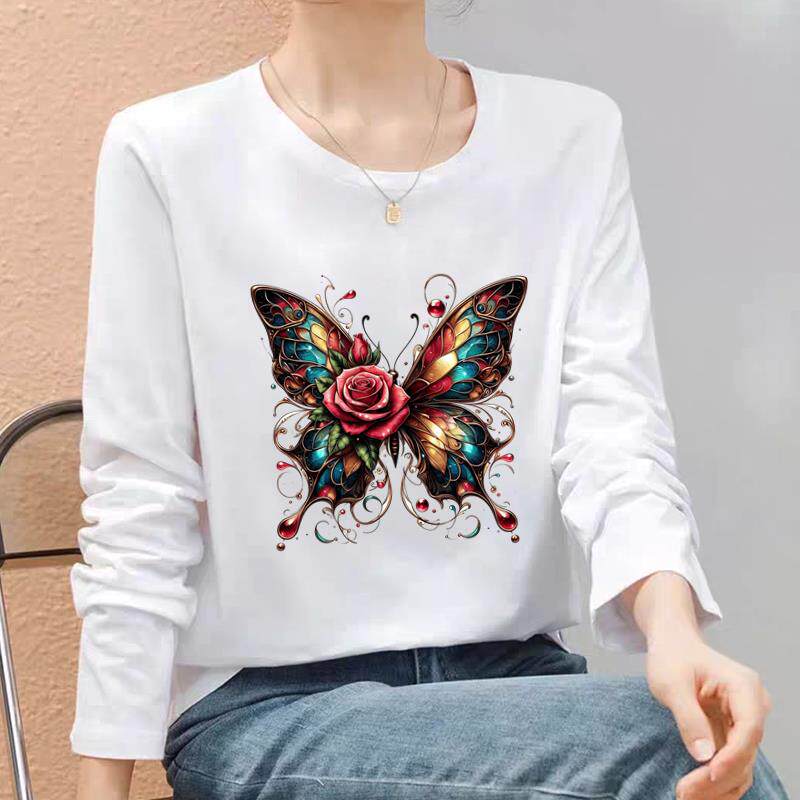 女印花外穿休闲时尚新款通勤蝴蝶花朵流行网红爆款圆领长袖T恤
