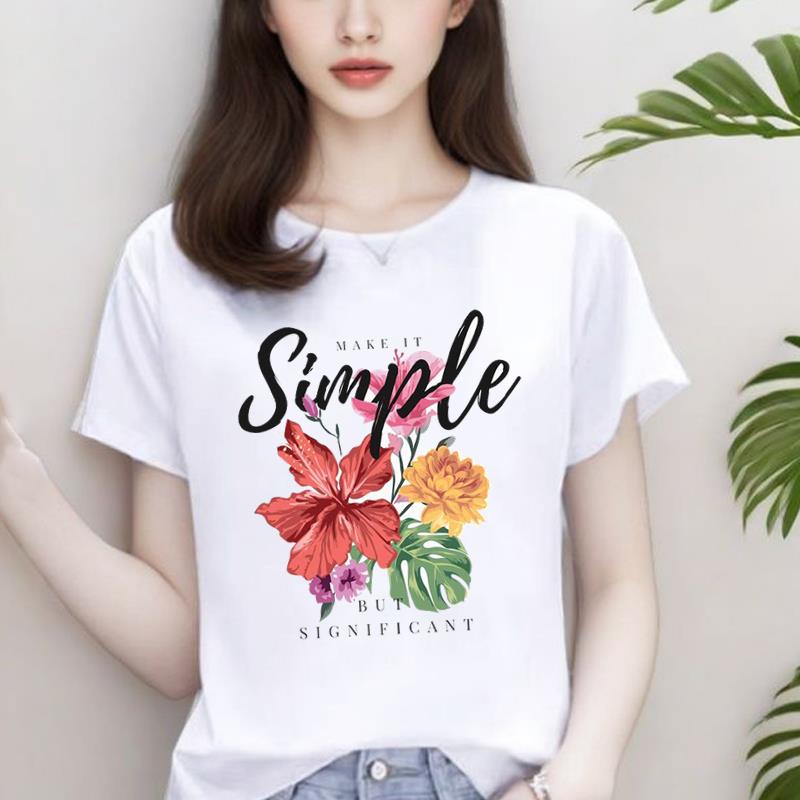 爆款韩版字母花卉网红女INS印花打底衫短袖T恤休闲圆领通勤上衣