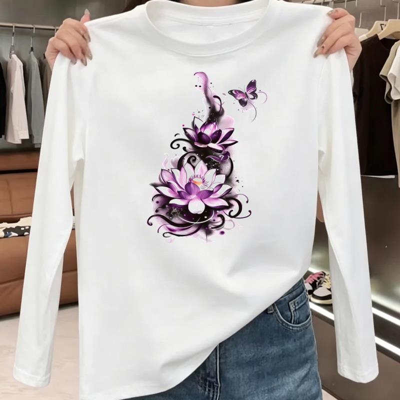 文艺花卉通勤洋气爆款新款网红印花休闲女秋冬春季圆领ins长袖T恤