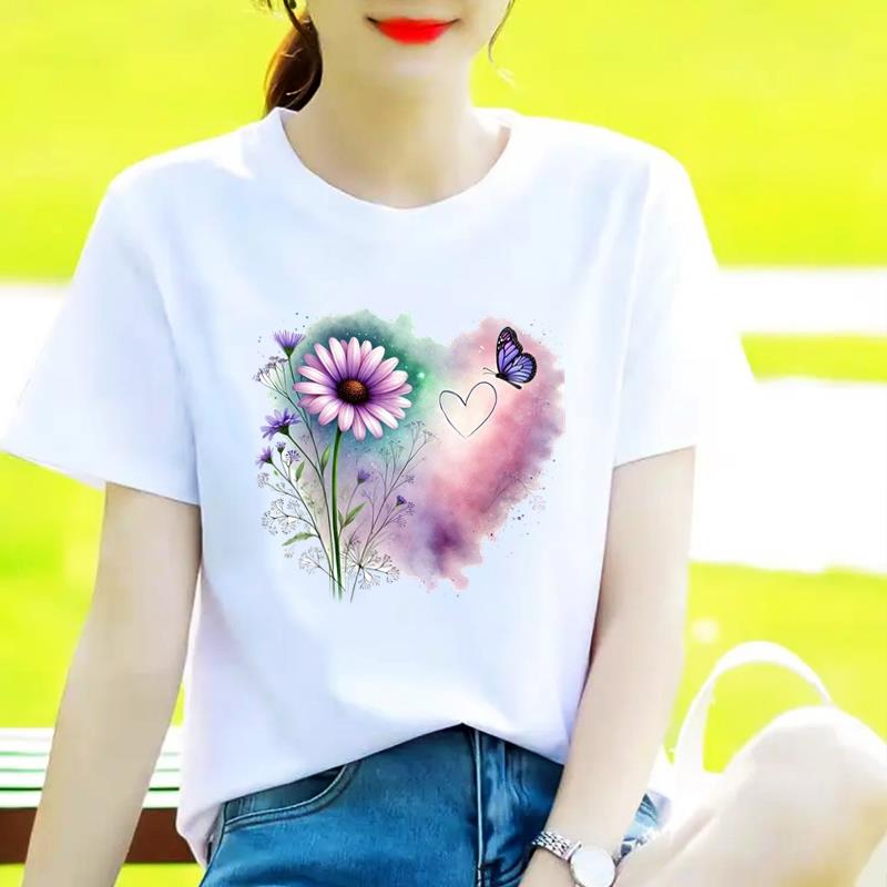 爱心花朵韩版网红女T恤休闲圆领爆款INS印花打底衫短袖通勤上衣