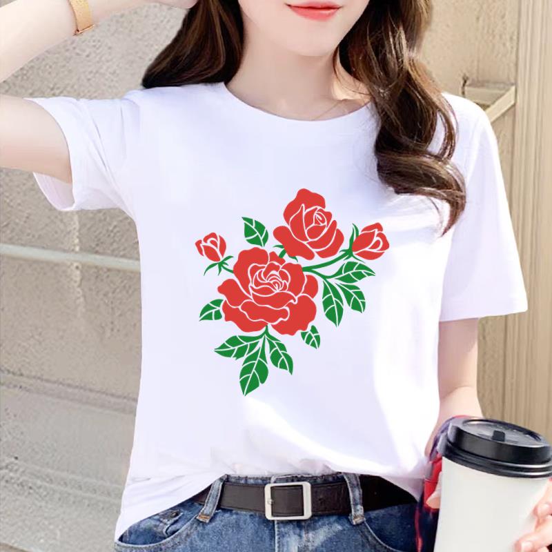 花朵可爱女T恤休闲INS印花韩版网红圆领爆款打底衫短袖通勤上衣