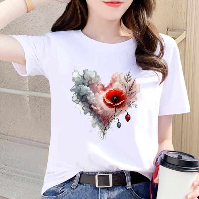 INS印花韩版网红女T恤休闲爱心花卉圆领爆款打底衫短袖通勤上衣