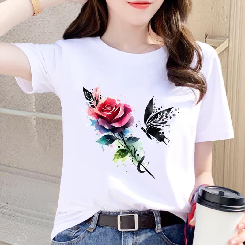 个性花朵女T恤休闲INS印花韩版网红圆领爆款打底衫短袖通勤上衣