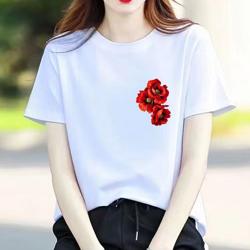 花朵花卉通勤洋气韩版通勤休闲时尚夏季印花上衣INS女圆领短袖T恤