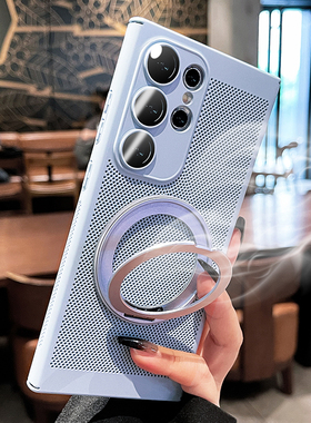 适用三星s25ultra手机壳s24+新款360磁吸支架s23超薄s22保护套por防摔note全包散热黑色MagSafe男女夏季硬壳