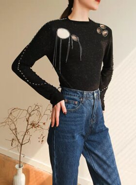 2024女新款纯手工订钻拼接修身黑色羊毛打底衫露空设计女毛衣内搭