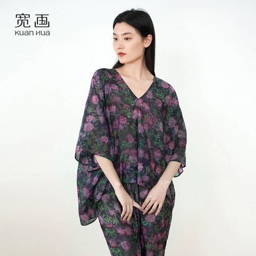 宽画莫奈桑蚕丝棉纱薄款睡衣套装