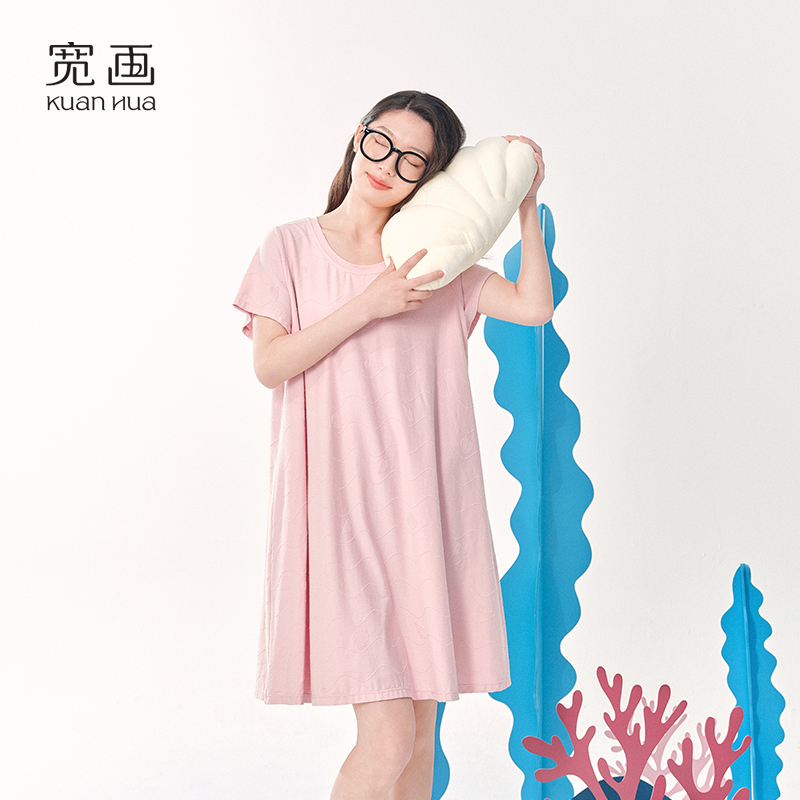 宽画圆领宽松睡裙夏女薄短袖睡衣