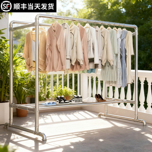 镀锌钢管晾衣架落地家用阳台挂衣服室外户外防风双杆晒被子晾衣杆