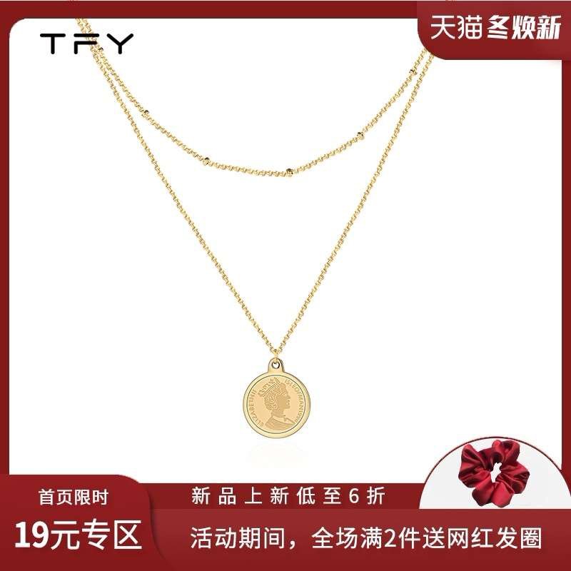 复古头像双层项链女小众设计感叠戴锁骨链圆牌硬币毛衣链吊坠